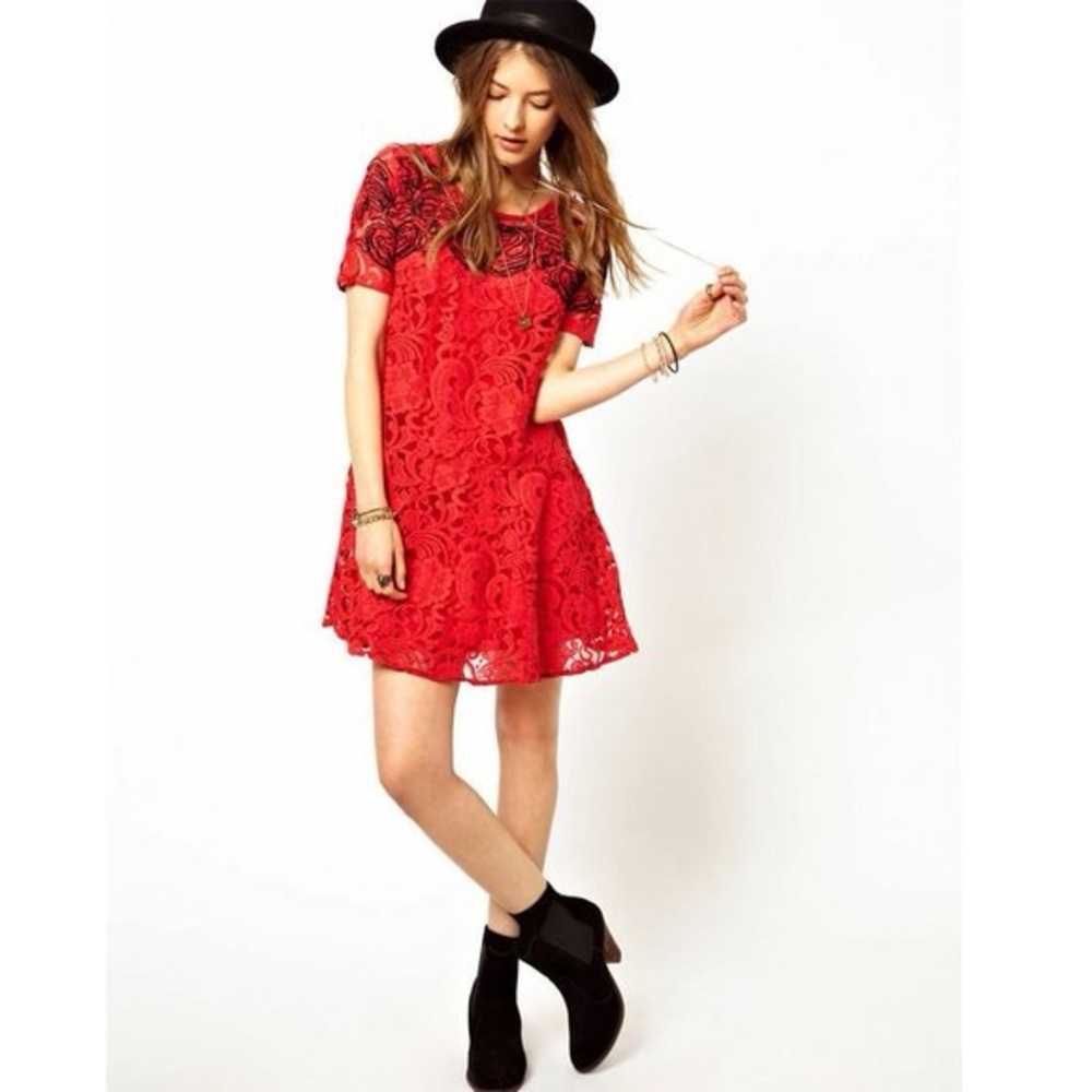 Free people, red and black lace dress